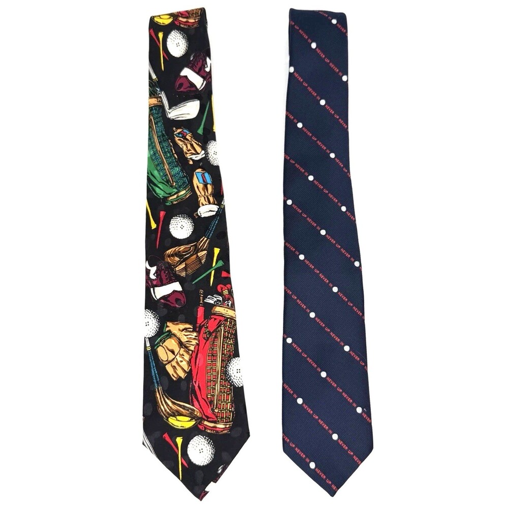 Vintage Pair of Golf Themed Neck Ties - One Handmade Silk, One Polyester